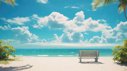 View of a white deserted sandy beach on a bright sunny day.