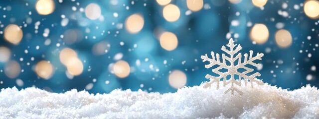 Poster -  A snowflake atop a snow mound against a hazy backdrop of twinkling lights