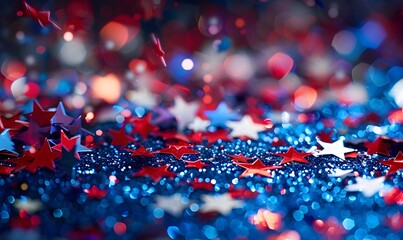 Background of red, white, and blue sparkling glitter scattered with shiny stars confetti. 4th of July celebration background. 