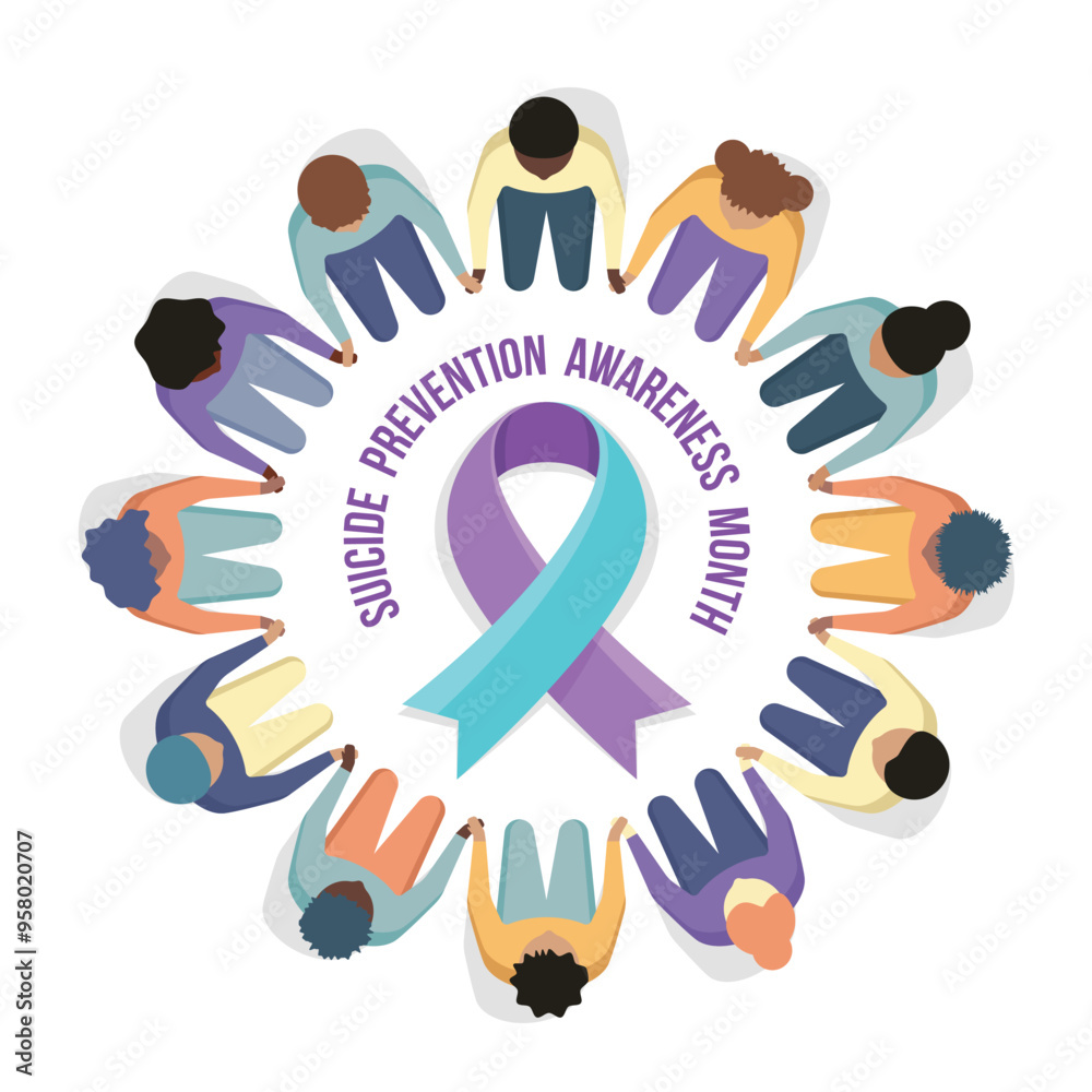 Suicide prevention awareness month - Text and Teal purple ribbon ...