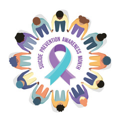 Wall Mural - Suicide prevention awareness month - Text and Teal purple ribbon awareness sign in top view group of peple sit and hand hold hand circle around vector design