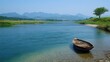 26. A peaceful Korean river landscape, with traditional fishing nets set up along the banks, a small wooden boat drifting on the water, and mountains in the distance