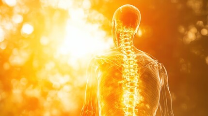 Wall Mural - A glowing human skeleton with the spine highlighted stands against a bright orange background.