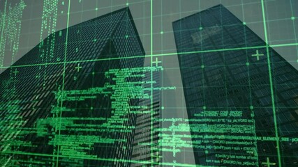 Sticker - Green coding and data processing animation over skyscrapers in urban cityscape