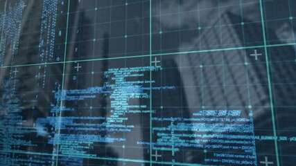 Poster - Digital code and data processing animation over cityscape with skyscrapers