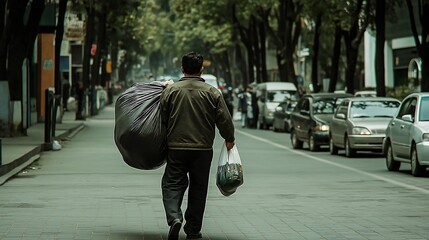 A man with a massive bag of trash walking on a city sidewalk, portraying the everyday grind and urban survival.