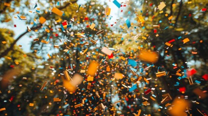 Colorful confetti bursts into the air during a vibrant celebration in a sunlit forest setting on a warm summer day