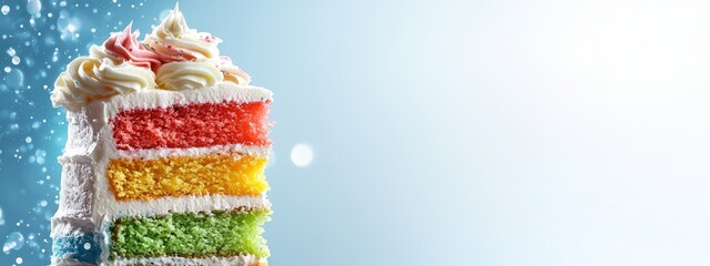 Wall Mural -  A rainbow cake slice, white-frosted with sprinkles, against a blue backdrop adorned with snowflakes