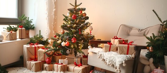 A festive Christmas table setting with holiday-themed plates napkins and cutlery featuring 