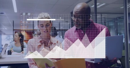 Poster - Financial data chart animation over diverse business people discussing documents in office