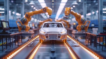 Wall Mural - Assembly line of an automotive factory with cars being assembled by robotic arms and workers in uniform