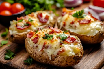 Delicious baked potatoes generously filled with cheese, bacon, and fresh herbs, presented on a wooden board, ready to be enjoyed for a hearty meal.