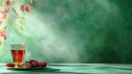 Banner with dates and a glass of tea on a green background with copy space, postcard with wishes for a Happy Nowruz