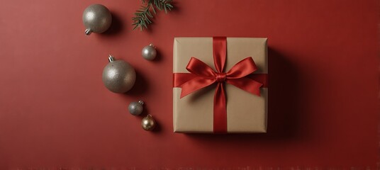 Christmas composition. Gift box, christmas decorations on red background. Flat lay, top view, copy space