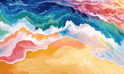 Oil painting depicting a stunning beach scene with vibrant colors and tranquil waves