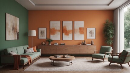 Wall Mural - Modern interior of living room design with orange and green wall design background.