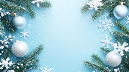 Canvas Print - blue and white winter background with fir tree branches and decorations with space for text, winter and christmas background