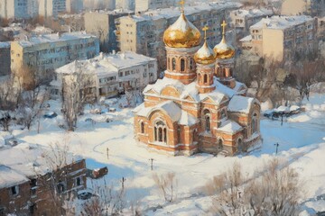 Aerial oil painting of a historic two domed Orthodox cathedral set against a backdrop of contemporary residences on a winter day showcasing the contrast between traditional and modern architecture