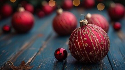 Poster - Festive red Christmas ornaments arranged on a rustic wooden table with soft bokeh lights in the background during the holiday season
