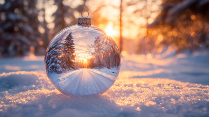 christmas glass ball on the snow in forest