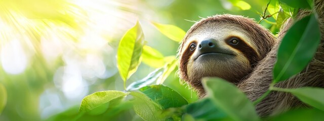 Wall Mural -  Three-toed sloth hangs from a tree branch in a lush, sunlit green canopy Sunlight filters through the leaves, casting dappled light on the creature