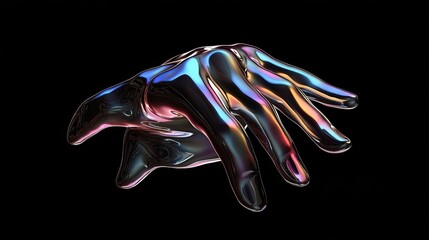 3D holographic abstract futuristic design with hand gesture liquid metallic texture, a striking visual element isolated on black background.