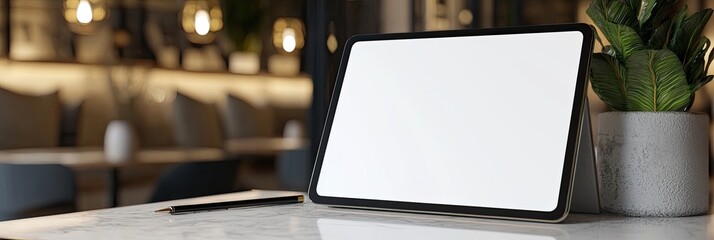 Wall Mural - a digital tablet with a blank white screen, placed on a table in what appears to be a cozy softly lit cafe or office setting