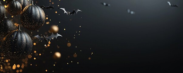 Poster - a luxurious art deco halloween invitation with gold accents, featuring a stylized bat and pumpkin mo