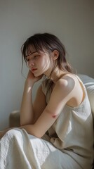 Canvas Print - A young woman with long dark hair sits on a couch in a white dress, looking down and resting her chin on her hand.