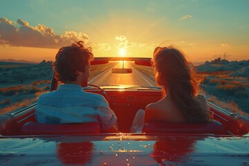 Wall Mural - A couple enjoying a sunset drive on an open road in a classic convertible amidst a picturesque landscape