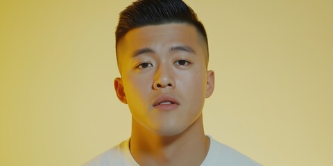 A studio close-up portrait of a young Asian man wearing a casual t-shirt, with a colourful background.