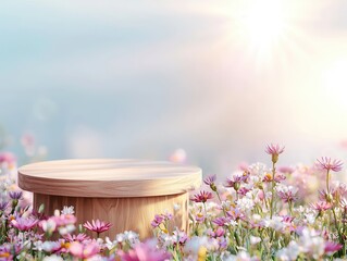 Poster - Wooden Podium with Pink Flowers.