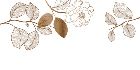 luxury gold line art autumn leaf background vector. natural botanical elegant foliage with jungle le