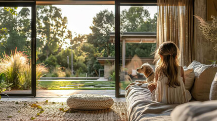 Rear view of a happy girl sitting on a light sofa and playing with a cute dog in a spacious living room. The concept of childhood, fun.