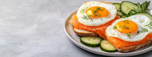 Sticker -  A plate topped with eggs, salmon, cucumber slices, and a pickle