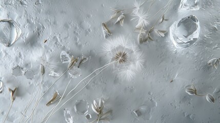 Wall Mural -  Explore the delicate beauty of nature and glass with a super realistic composition featuring dandelion seeds and small glass objects against a sleek grey background.

