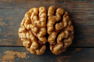 Wall Mural - A walnut kernel resembling a human brain, placed on a rustic wooden surface, showcasing natural textures and organic health benefits.