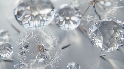 Wall Mural -  Explore the delicate beauty of nature and glass with a super realistic composition featuring dandelion seeds and small glass objects against a sleek grey background.

