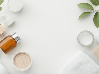 Wall Mural - Top view of organic skincare products arranged on a bathroom counter with a minimalist aesthetic