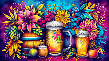 A colorful painting of a table with a vase of flowers, a barrel, and two mugs of beer