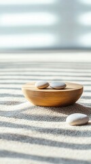 Poster - Zen Stones and Wooden Bowl on White Sand.