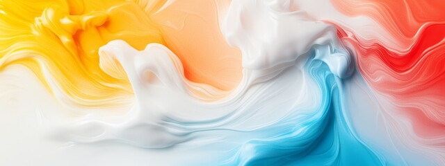  A tight shot of a multicolored backdrop, featuring overlays of white, red, yellow, and blue backgrounds