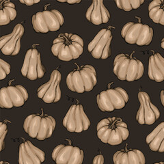 Wall Mural - Brown pumpkin vector seamless pattern. Autumn harvest pumpkin. halloween party paper. Healthy organic food concept, pumpkins on  dark background, hand drawing