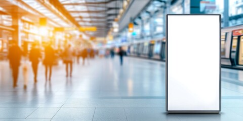 Wall Mural - Mock up of empty advertising display stand in a busy train station during late afternoon rush hour with blurred commuters and trains in background