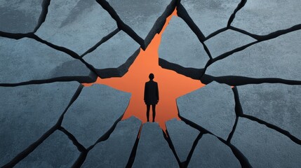 Wall Mural - A man standing in the middle of a cracked star, AI