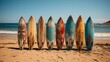 © SP_Da - A row of surfboards are lined up on a beach