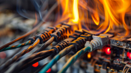 Close-up of the power cables being connected and starting to ignite. Burning and melting cables.