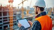 © Aquarii - Professional construction worker using tablet on site, supervising project with cranes and buildings in the background.