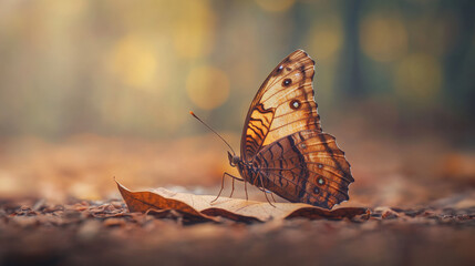 Wall Mural - Close-Up of a Brown Butterfly on Autumn Leaves