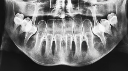 A close-up x-ray image of a human jaw showing the teeth and bone structure.